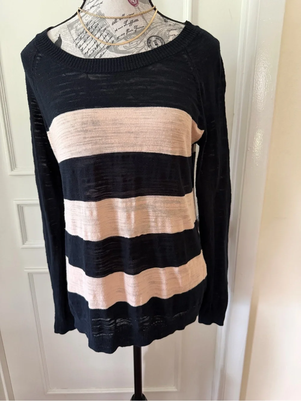Madewell Black Blush Pink Striped Slub Knit Cotton Sweater M